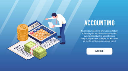 Accounting horizontal isometric web landing page banner with financial report analyzing calculator banknotes coins piles vector illustrationのイラスト素材