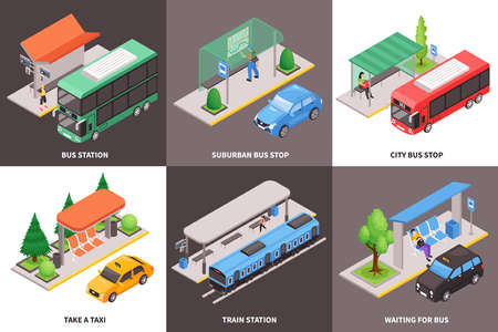 Isometric city public transport stop design concept with text captions and images of vehicles with passengers vector illustrationのイラスト素材