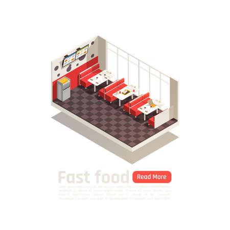 Fast food cozy eatery interior isometric poster with tables chairs and menu monitors vector illustrationのイラスト素材