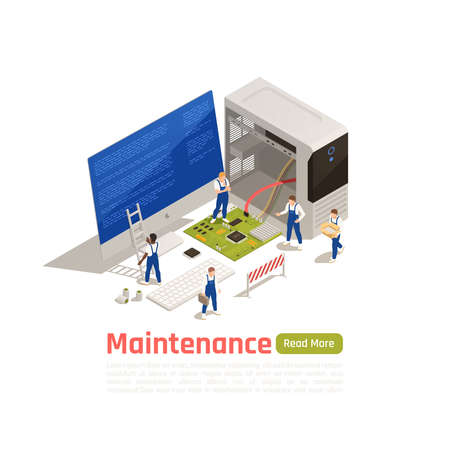 Maintenance isometric design concept with little technicians around big icon of disassembled system...
