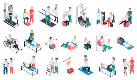Physiotherapist practice rehabilitation medical center recovery exercises program equipment massage treatment isometric icons set isolated vector illustrationのイラスト素材
