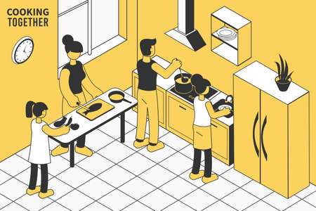 Family with children cooking lunch together in kitchen 3d isometric vector illustrationのイラスト素材