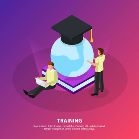Online training without borders isometric background with people looking at glow globe covered with square academic cap vector illustrationのイラスト素材