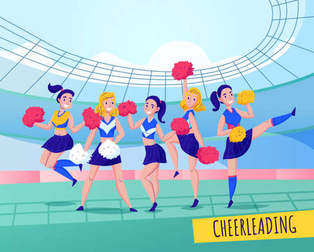 Fans cheering team colored composition team activity with five girls in uniforms vector illustrationのイラスト素材