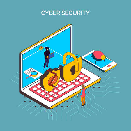 Isometric cyber security composition with conceptual icons of laptop computer broken locks...