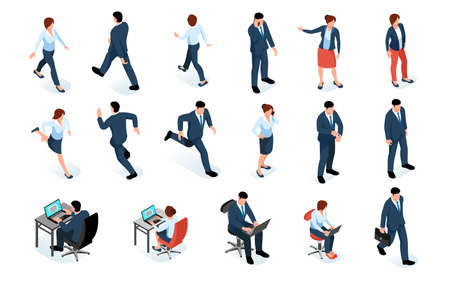 Business men and women isometric set of male and female characters in business suits and different poses isolated vector illustrationのイラスト素材