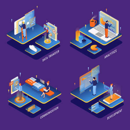 People using computer communication interfaces concept 4 isometric compositions with big data...