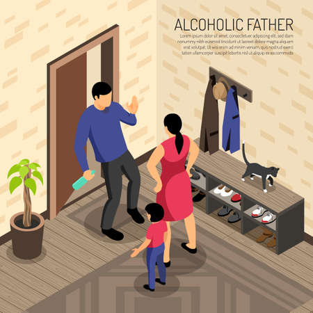 Alcoholic father incoming in apartment with bottle in hand and mother with child isometric vector illustrationのイラスト素材