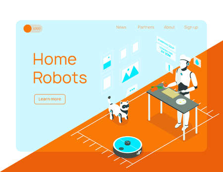 Smart home integrated humanoid household assistant cleaner and animal robots isometric landing page website design vector illustration  のイラスト素材