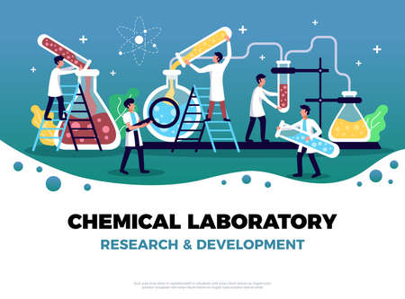 Laboratory background composition with place for editable text and flat symbols human characters and test tubes vector illustrationのイラスト素材