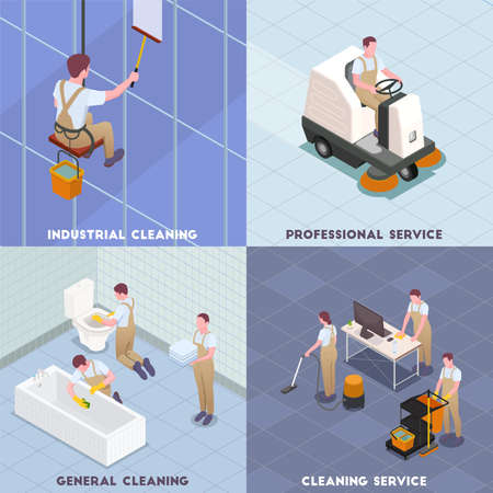 Cleaning isometric icon set with industrial cleaning professional service general cleaning descriptions vector illustrationのイラスト素材