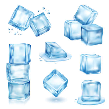 Ice cube solid and melting realistic set isolated vector illustrationのイラスト素材