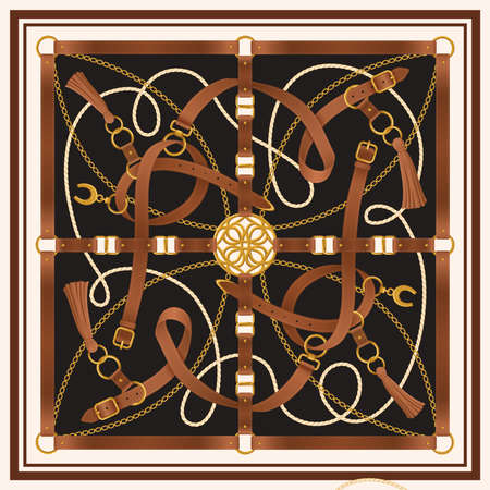 Belt decorative realistic square design with buckle and horseshoe vector illustration