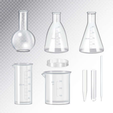 Laboratory quality scientific glassware collection realistic set with test tubes flasks beaker transparent background isolated vector illustrationのイラスト素材