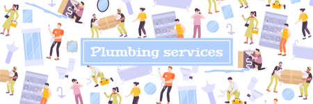 Plumbing pattern flat composition with text and bathroom fixtures images with characters of plumbers...