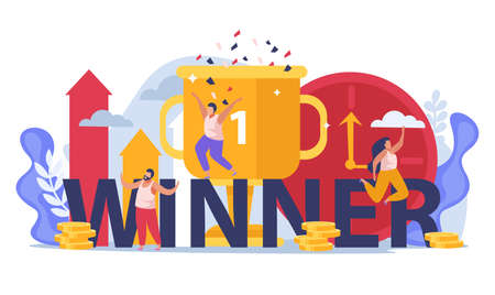 Winner people flat composition with text and images of trophy cup with confetti and human characters vector illustrationのイラスト素材