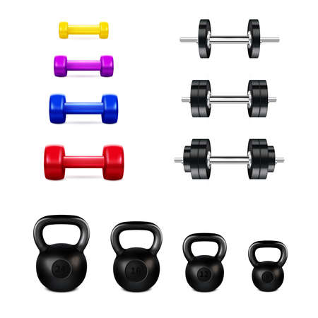 Realistic set of different gym equipment including colorful dumbbells metal kettlebells and barbells isolated vector illustrationのイラスト素材