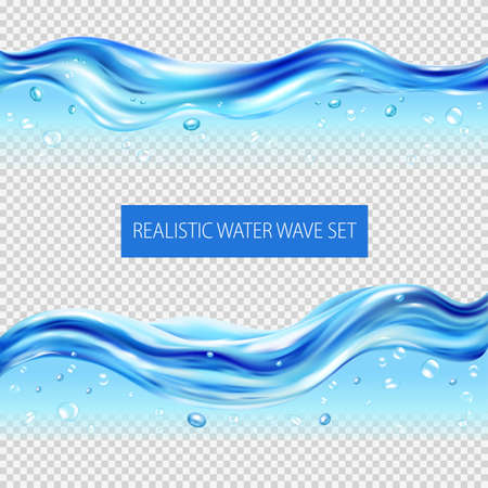 Blue water waves and drops realistic set isolated on transparent background vector illustrationのイラスト素材
