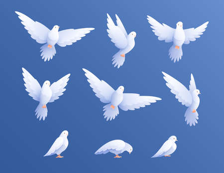 White pigeons doves set with isolated flat images of birds wings on blue sky gradient background vector illustrationのイラスト素材