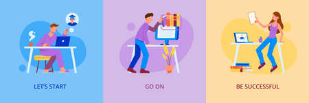 Online education concept 3 flat background compositions with choosing college program studying home getting diploma vector illustrationのイラスト素材