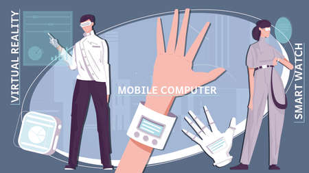 Gadget of future flat illustration with mobile computer smart watch virtual reality elements vector illustrationのイラスト素材