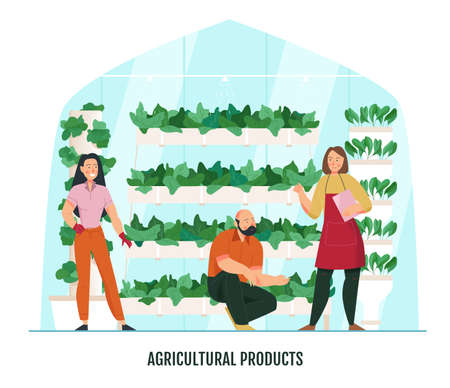 Flat composition with gardeners and pots with plants in greenhouse vector illustrationのイラスト素材