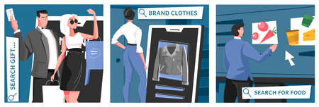 Online shop illustration flat icon set with search gift brand clothes and for food headlines vector illustrationのイラスト素材