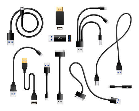 Usb types port plug in realistic connectors set of isolated icons and consumer wire connection images vector illustrationのイラスト素材