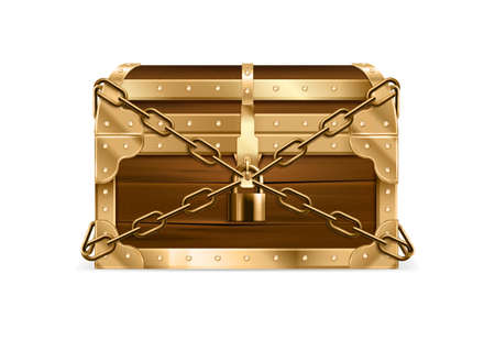 Closed wooden treasure realistic chest secured with chain and padlock vintage vector illustrationのイラスト素材