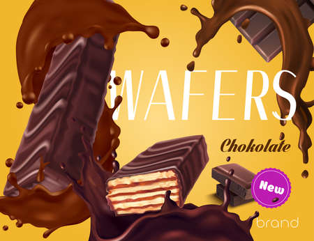New wafer bars with dark chocolate topping realistic advertisement vector illustrationのイラスト素材
