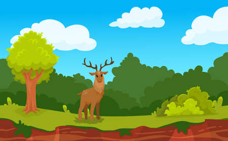 Forest game landscape background with deer and wood flat vector illustrationのイラスト素材