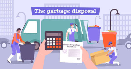 Payment garbage flat composition with hands holding calculator bill and rubbish collectors with bins and truck vector illustrationのイラスト素材