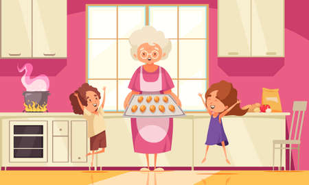 Grandma cooking food background with happy grandchildren flat vector illustrationのイラスト素材