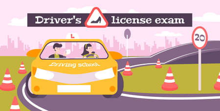 Driving school exams flat composition with text and outdoor test track scenery with driver and instructor vector illustrationのイラスト素材