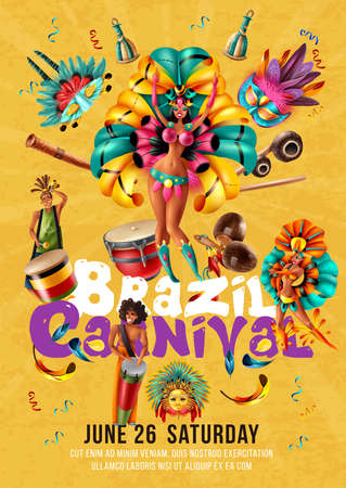 Brazil carnival invitation poster with dancers musicians masks traditional musical instruments on yellow background realistic vector illustrationのイラスト素材