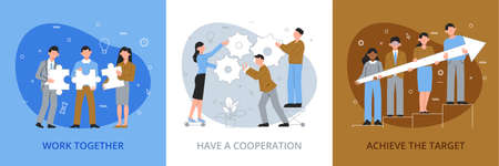 Teamwork design concept with set of three square compositions with text coworker characters and gear icons vector illustrationのイラスト素材