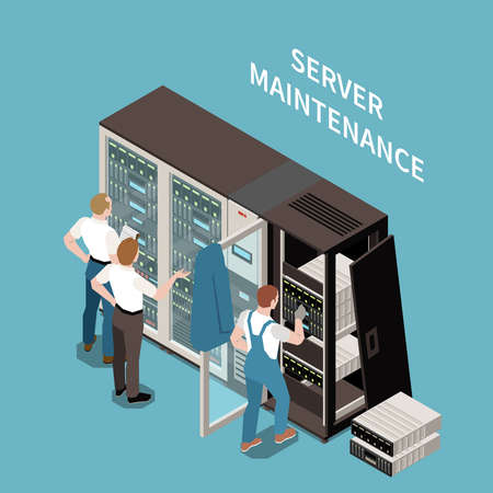 Data center colored and isometric composition server maintenance headline and situation at work...