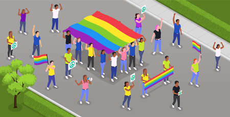 Public protest demonstration isometric composition with view of street ang group of protesters at pride parade vector illustrationのイラスト素材