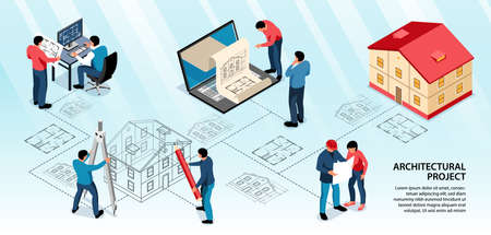 Architectural project infographics layout with designers working with computer app and drawing tools isometric vector illustrationのイラスト素材