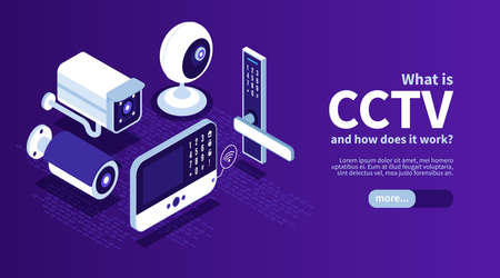 Isometric smart home horizontal banner with more button editable text and images of video surveillance system vector illustrationのイラスト素材