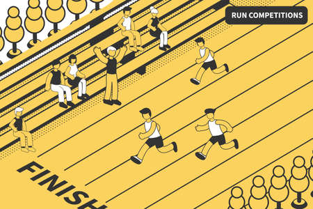 Athletics run sport competitions isometric composition with view of athletic track finish line with moving runners vector illustrationのイラスト素材
