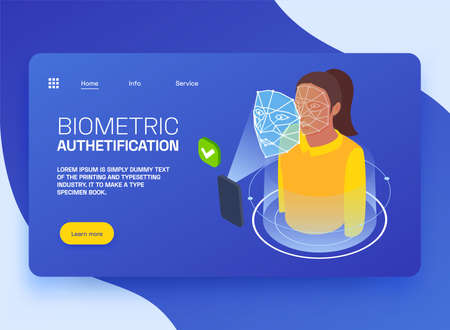 Biometric authentication isometric horizontal banner with face recognition technology 3d vector illustrationのイラスト素材