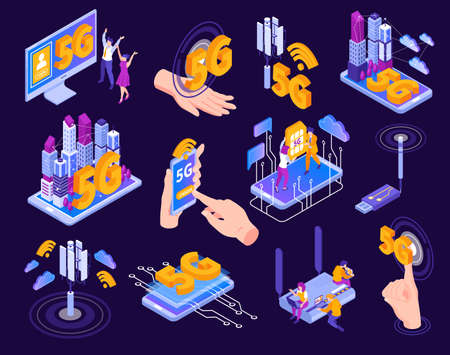 Isometric 5g internet set of isolated pictogram icons and images of electronic gadgets and network infrastructure vector illustrationのイラスト素材