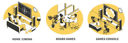 Isometric composition set with families spending leisure time at home playing games watching cinema isolated 3d vector illustrationのイラスト素材