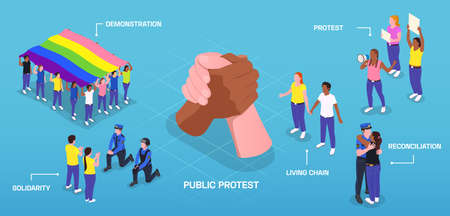 Public protest demonstration isometric composition with human characters of police and protesters with editable text captions vector illustrationのイラスト素材