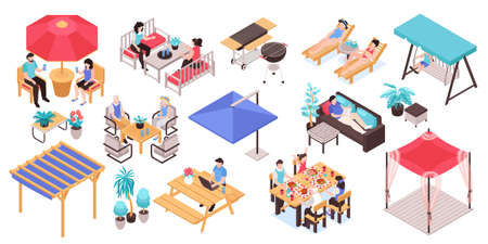 Isometric garden furniture set with isolated icons human characters and patio furniture images on blank background vector illustrationのイラスト素材