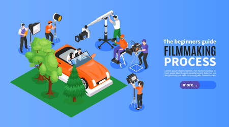Isometric cinematography horizontal banner with film set elements shooting crew and editable text with more button vector illustrationのイラスト素材