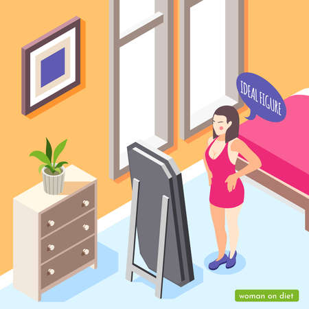 Woman on diet isometric background with bedroom interior indoor composition and female character looking in mirror vector illustrationのイラスト素材