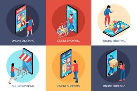 Isometric online shopping design concept with square compositions of smartphones shop fronts and carts with people vector illustrationのイラスト素材