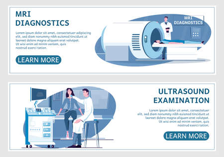Medical examination set of two horizontal banners with learn more buttons editable text and flat images vector illustrationのイラスト素材